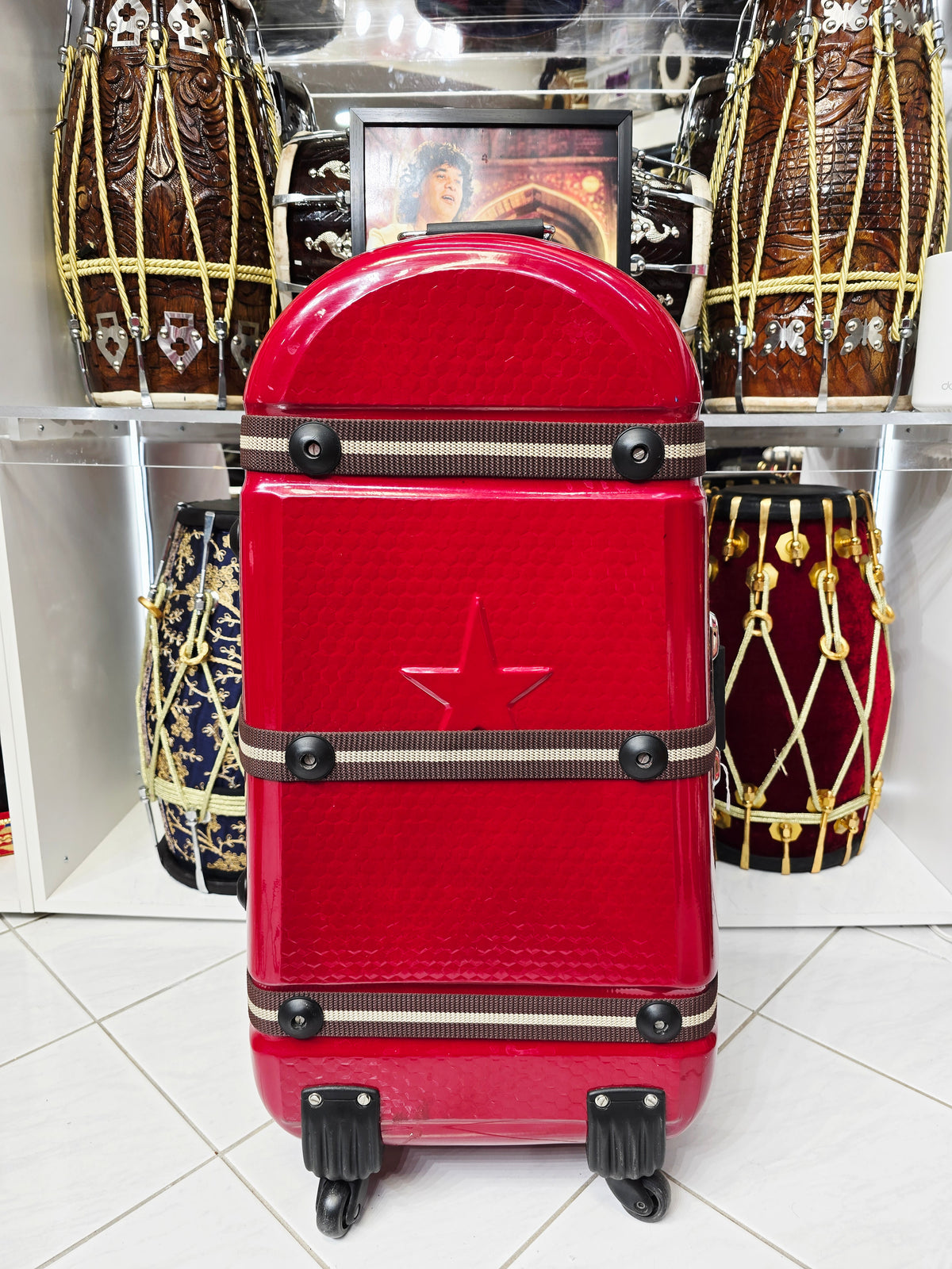 Redline Vault — Deep Red Tabla Hard Case · 360° Spinner Wheels · Dual Handles · Fixed Strap Bands · Very Minor Cosmetic Blemishes (g)