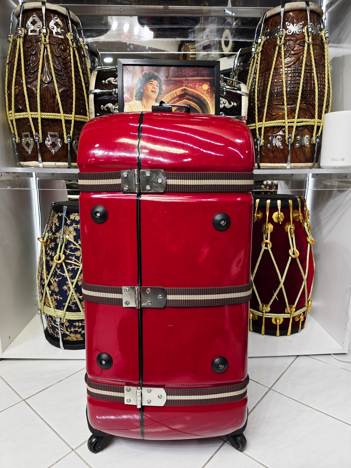 Redline Vault — Deep Red Tabla Hard Case · 360° Spinner Wheels · Dual Handles · Fixed Strap Bands · Very Minor Cosmetic Blemishes (g)