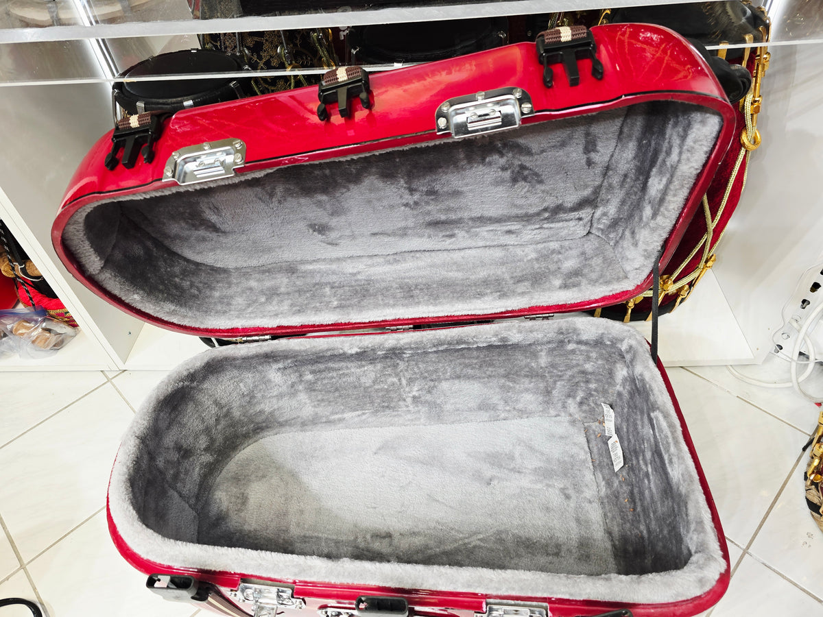 Redline Vault — Deep Red Tabla Hard Case · 360° Spinner Wheels · Dual Handles · Fixed Strap Bands · Very Minor Cosmetic Blemishes (g)