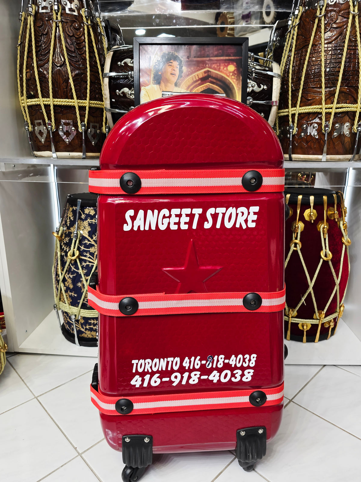Redshift Classic — Deep Red Tabla Hard Case · 360° Spinner Wheels · Dual Handles · Fixed Reinforcement Straps · Very Minor Cosmetic Blemishes (g)