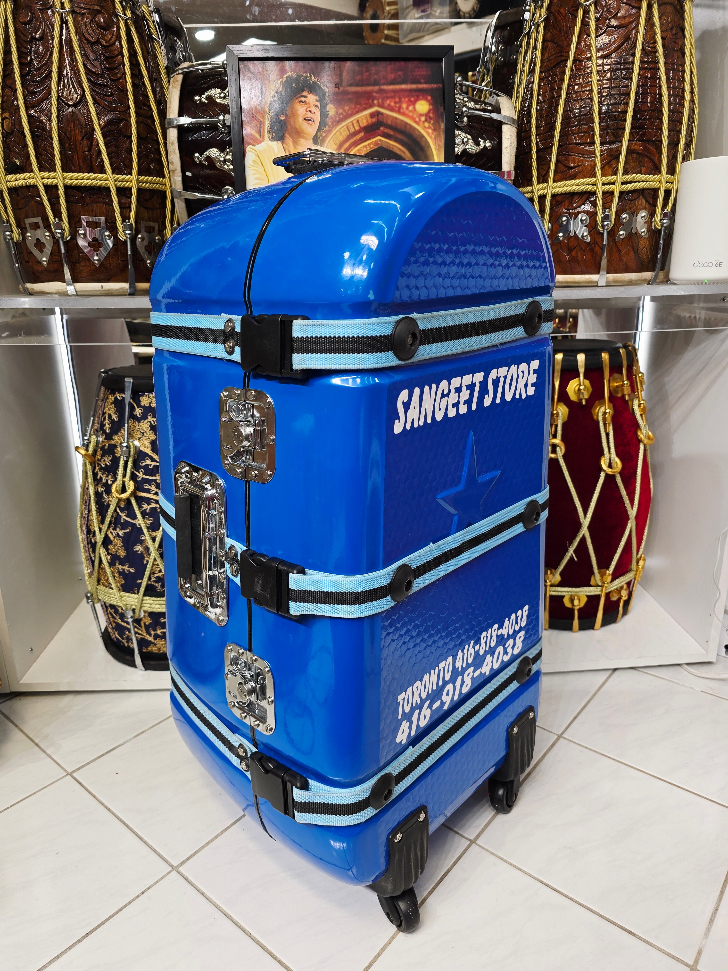Azura Drift — Glossy Blue Tabla Travel Case · 360° Spinner Wheels