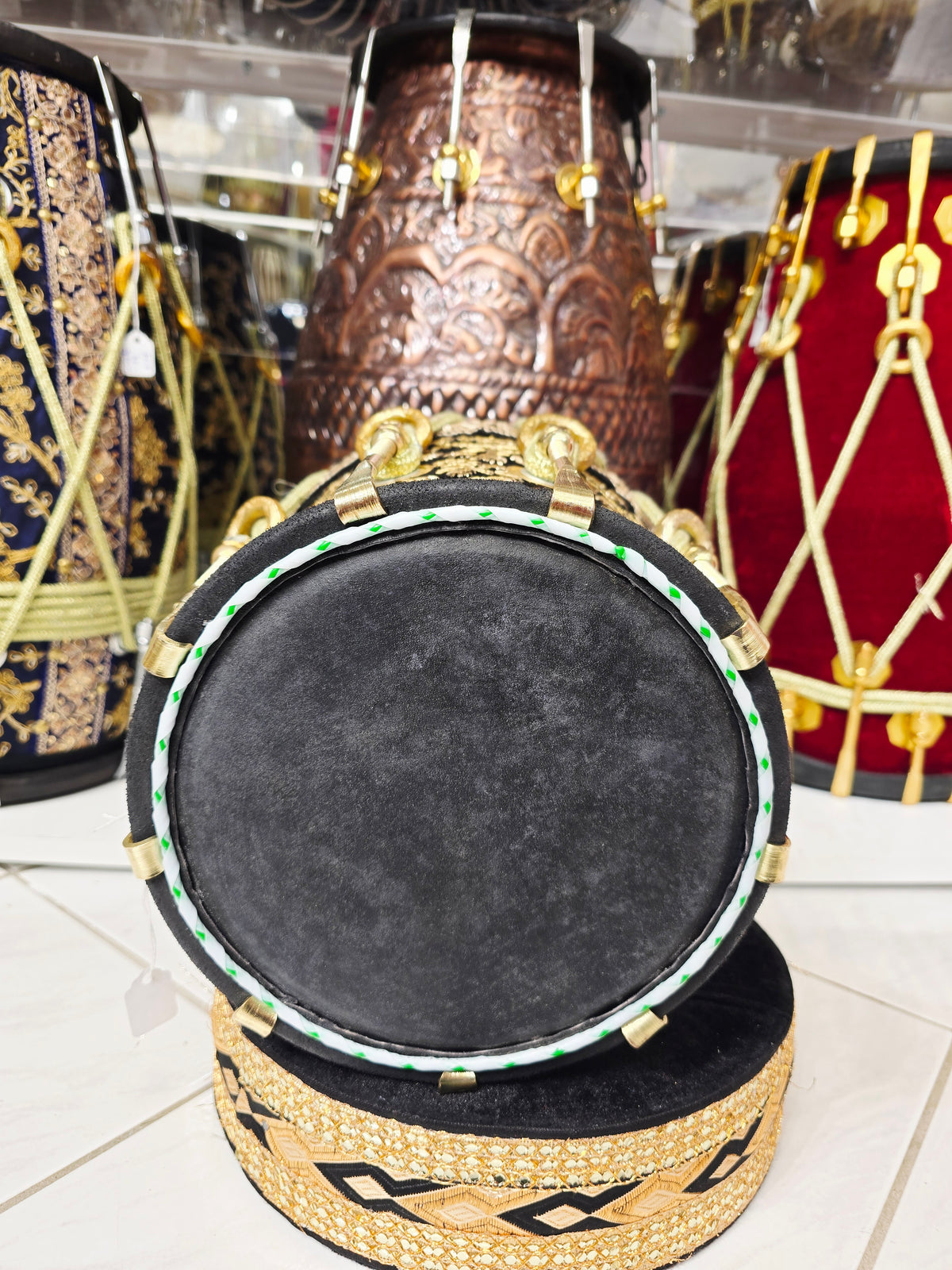 Royal Taal Black & Gold Sherwani Wrapped Red Sheesham Half Dholak – Pure Brass Bolts, Black Thin Rimmed Skin