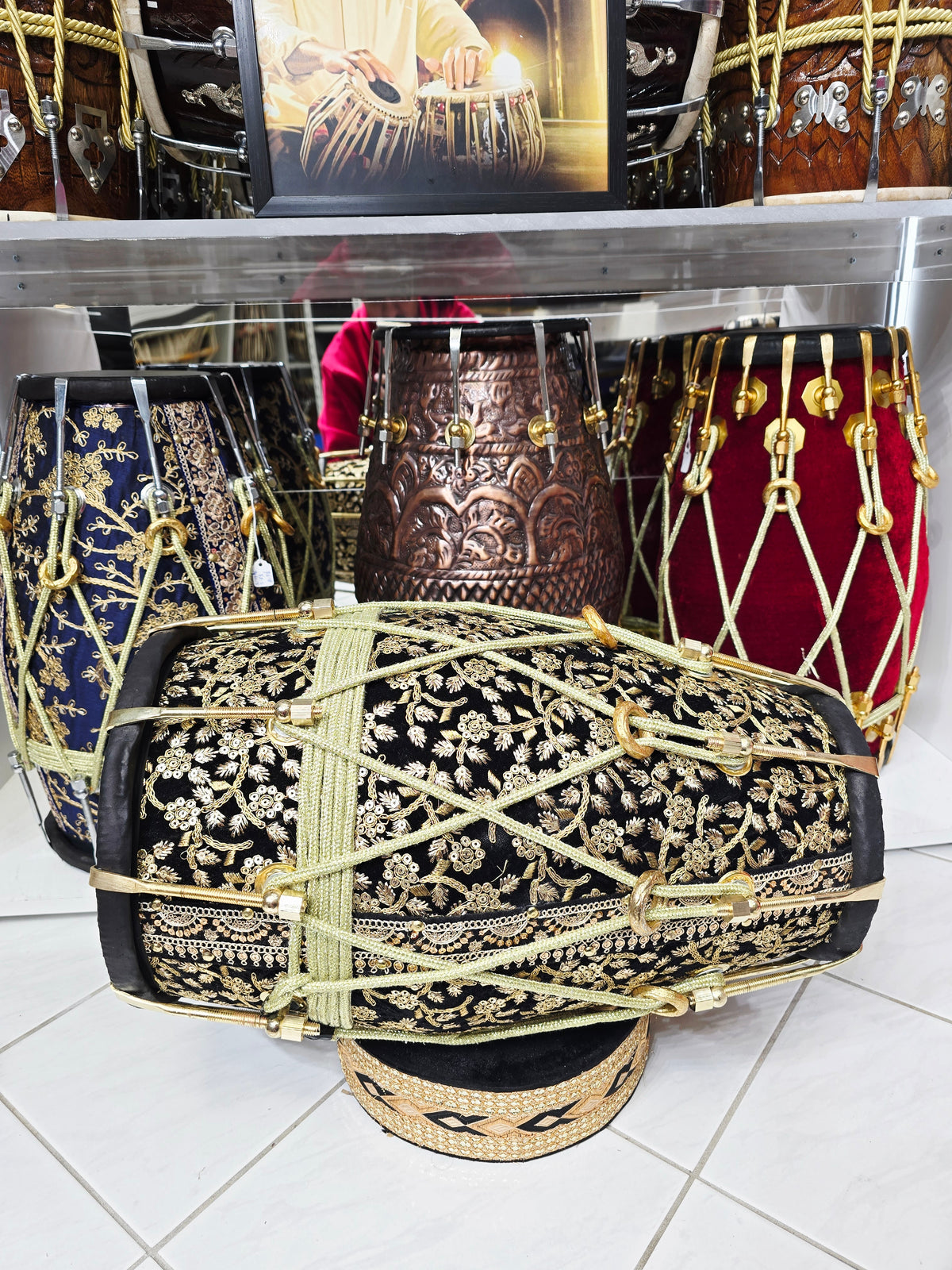 Zarif Noor — Black Sherwani-Wrapped Red Sheesham Dholak · Gold Roping · Traditional Tuning · Minor Cosmetic Defect on Bass Skin