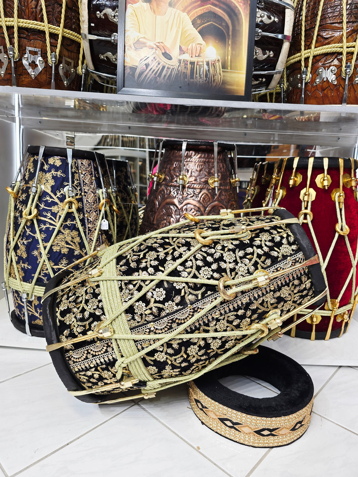 Zarif Noor — Black Sherwani-Wrapped Red Sheesham Dholak · Gold Roping · Traditional Tuning · Minor Cosmetic Defect on Bass Skin