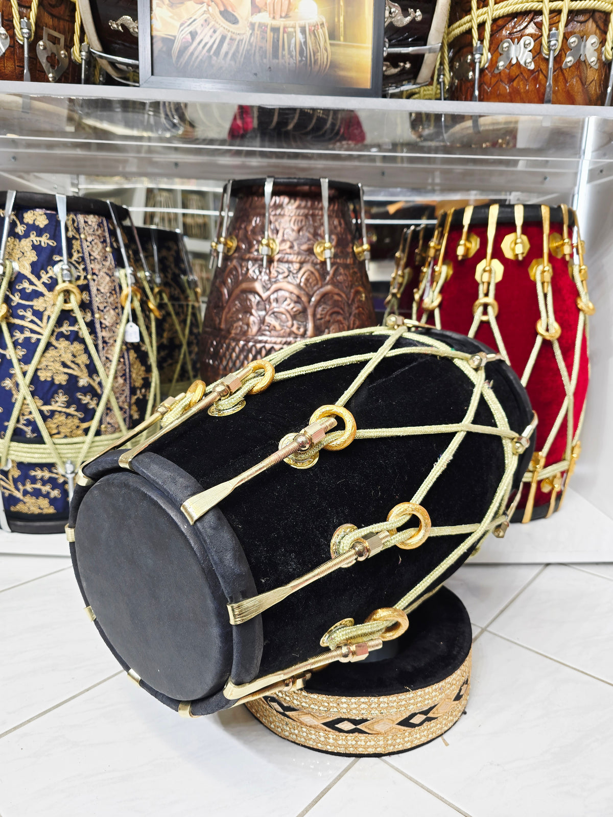 Midnight Rasaform — Black Velvet Sherwani Red Sheesham Dholak · Gold Rope Lacing *Exceptional Old School Bollywood Tone
