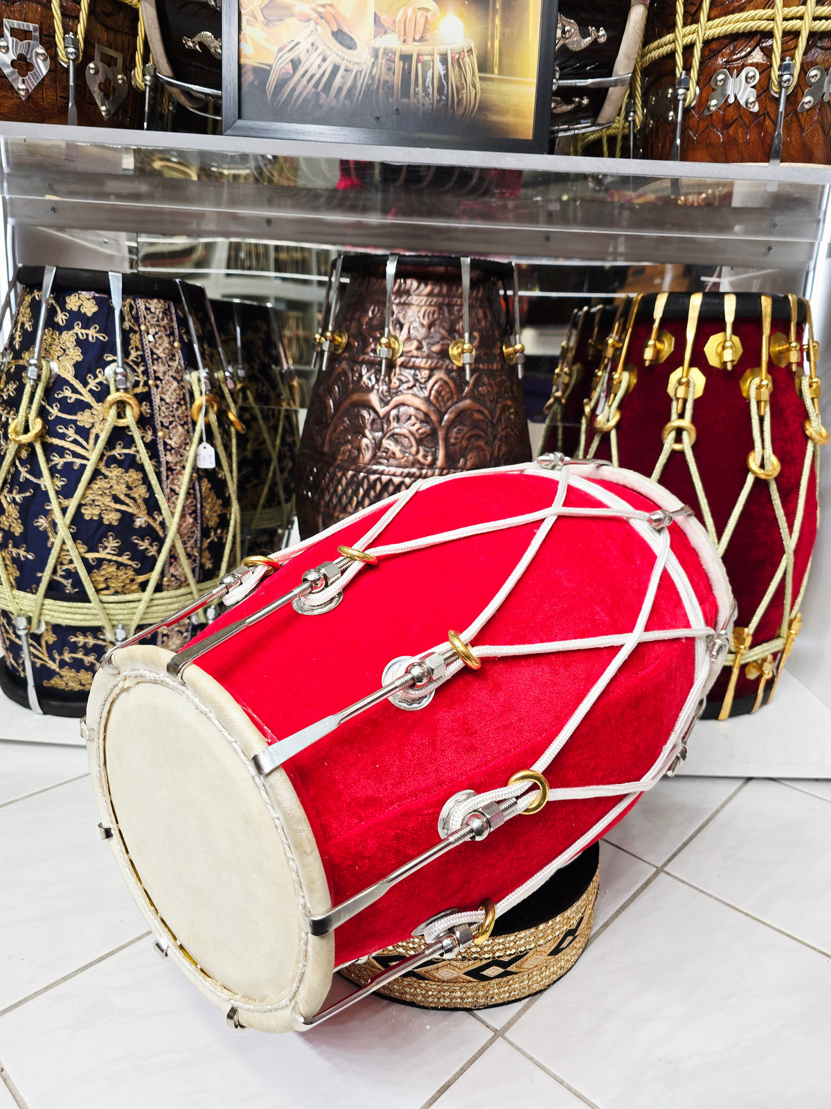 Scarlet Axis — 19.25" Mango Wood Red Velvet Dholak