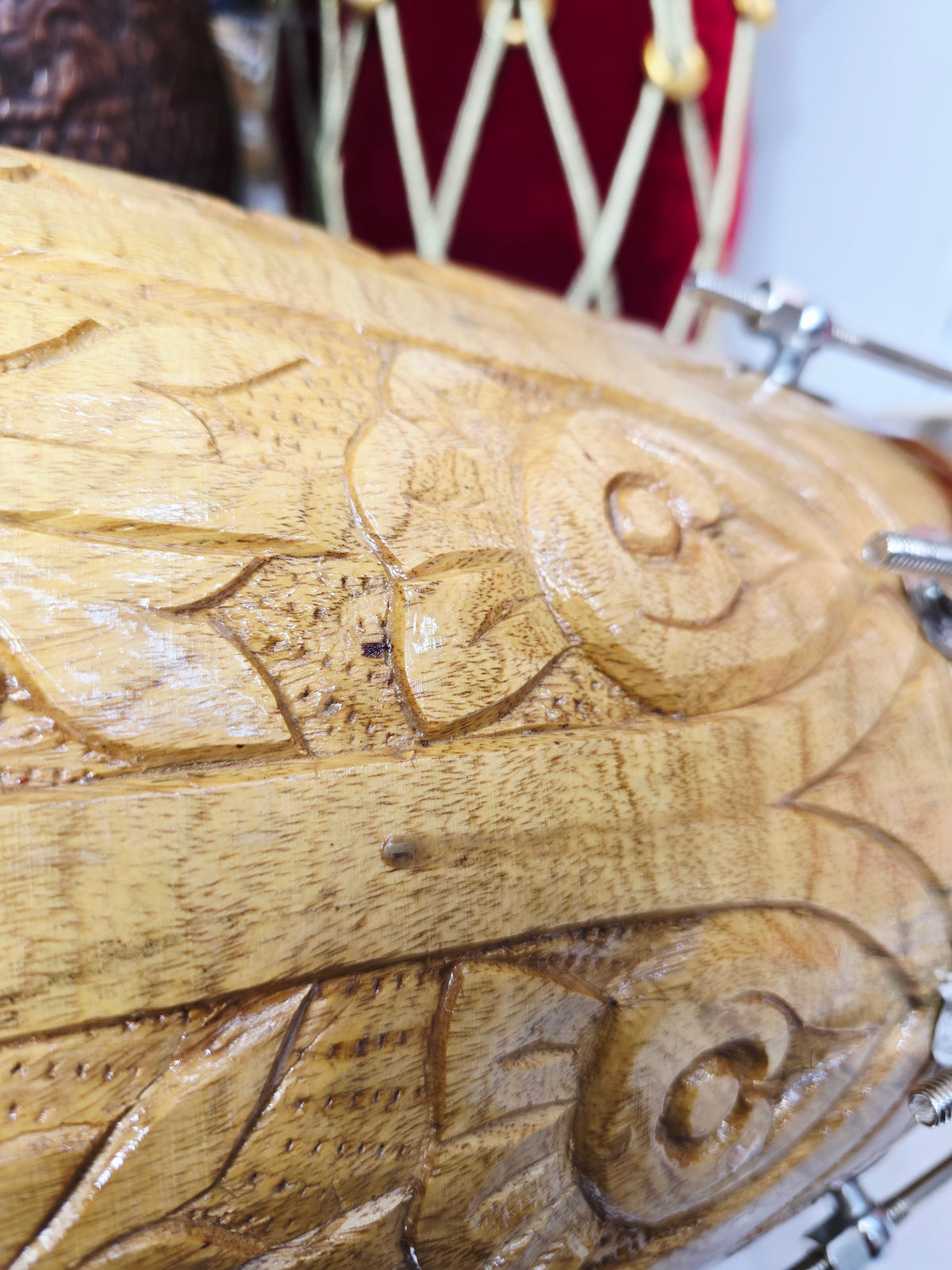 Aaroh Crest — Hand-Carved Red Sheesham Concert Dholak *Very Minor Gloss Finish Blemishes