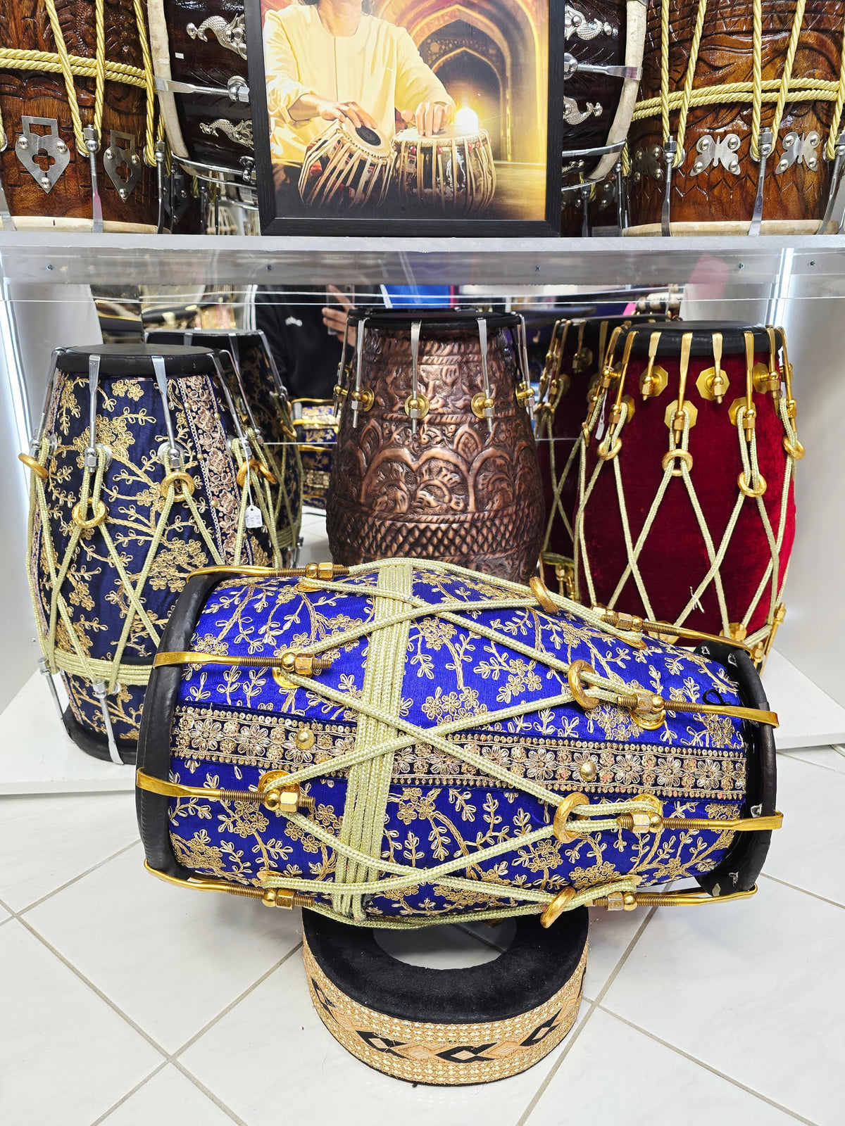 Royal Heritage: Blue and Gold Sherwani Wrapped Red Sheesham Dholak with Reverse Syaahi Thin Rimmed Skin and Black Skins *Minor Cosmetic Defects *Exceptional Tone