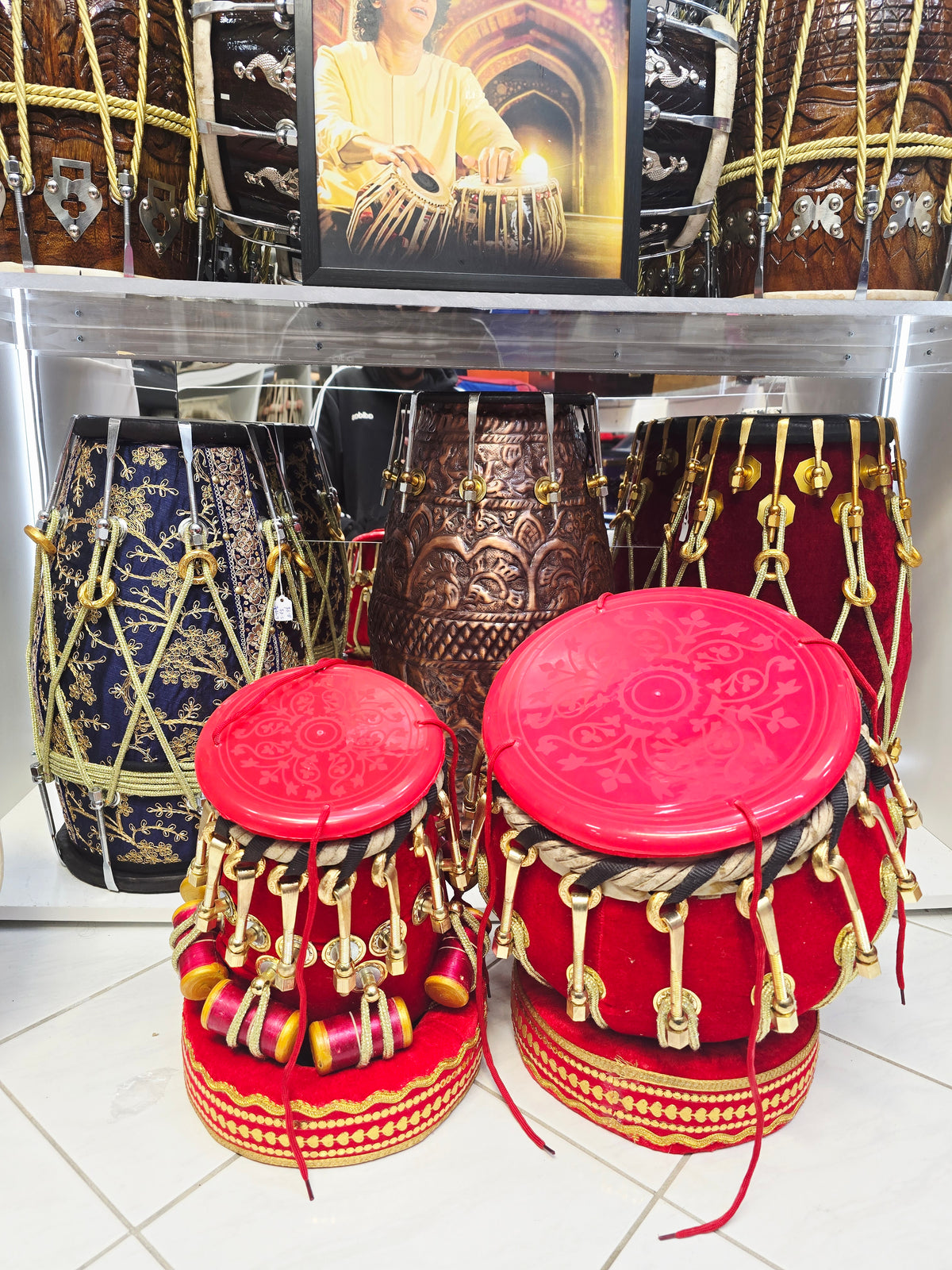 Rakt Maharaaj — 5.25" D#/E Red Sheesham Dayan + 9" Copper Bayan (Red Velvet Bolted Set) *Minor Cosmetic Defects