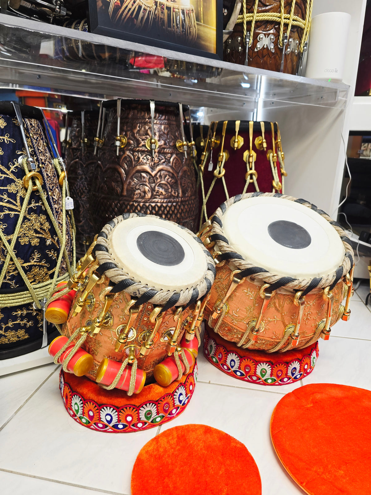 Kesari Dynasty — 6" C# Red Sheesham Dayan + 9" Copper Bayan (Bolted Orange Sherwani Wrapped Set) *Barely Noticeable Hissing Sound