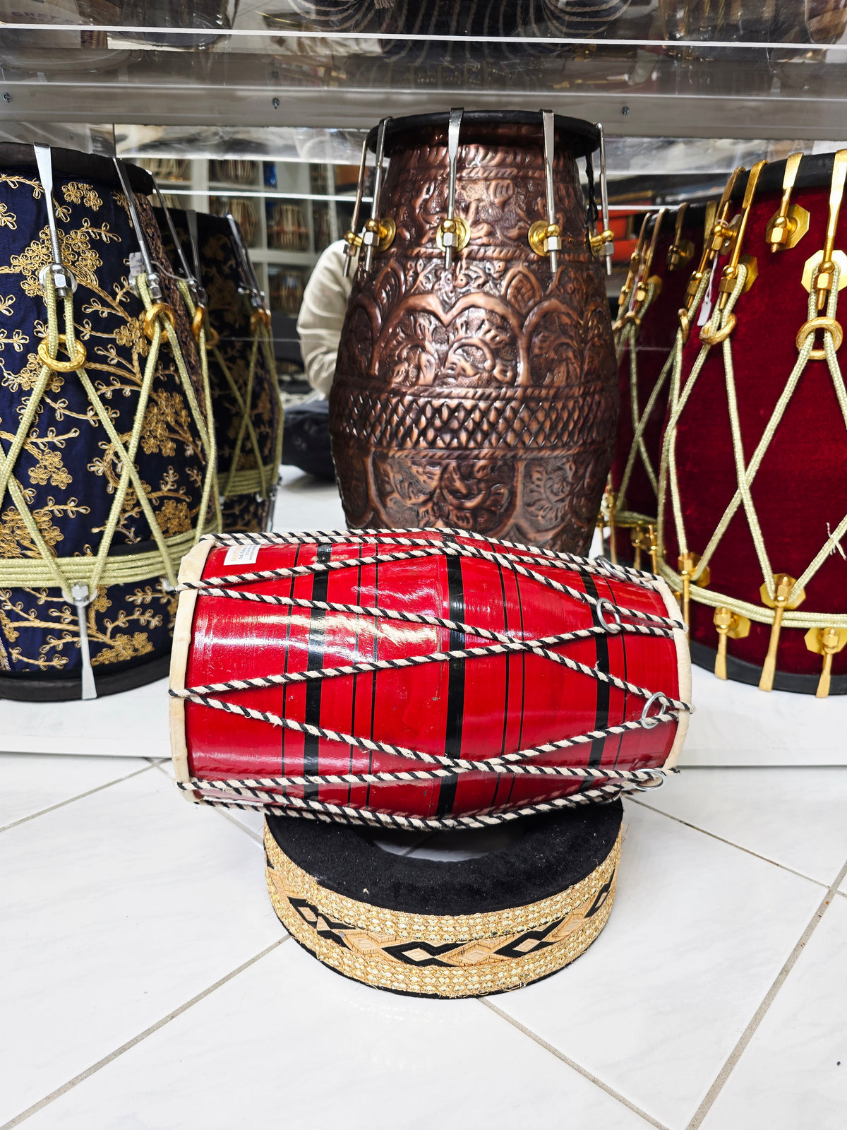 Red Toddler Dholak with Black Stripes (Cosmetic Blemishes)