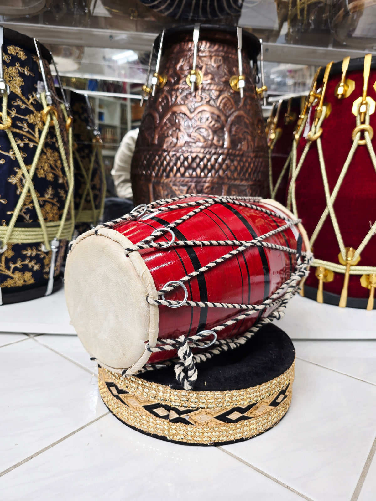 Red Toddler Dholak with Black Stripes (Cosmetic Blemishes)