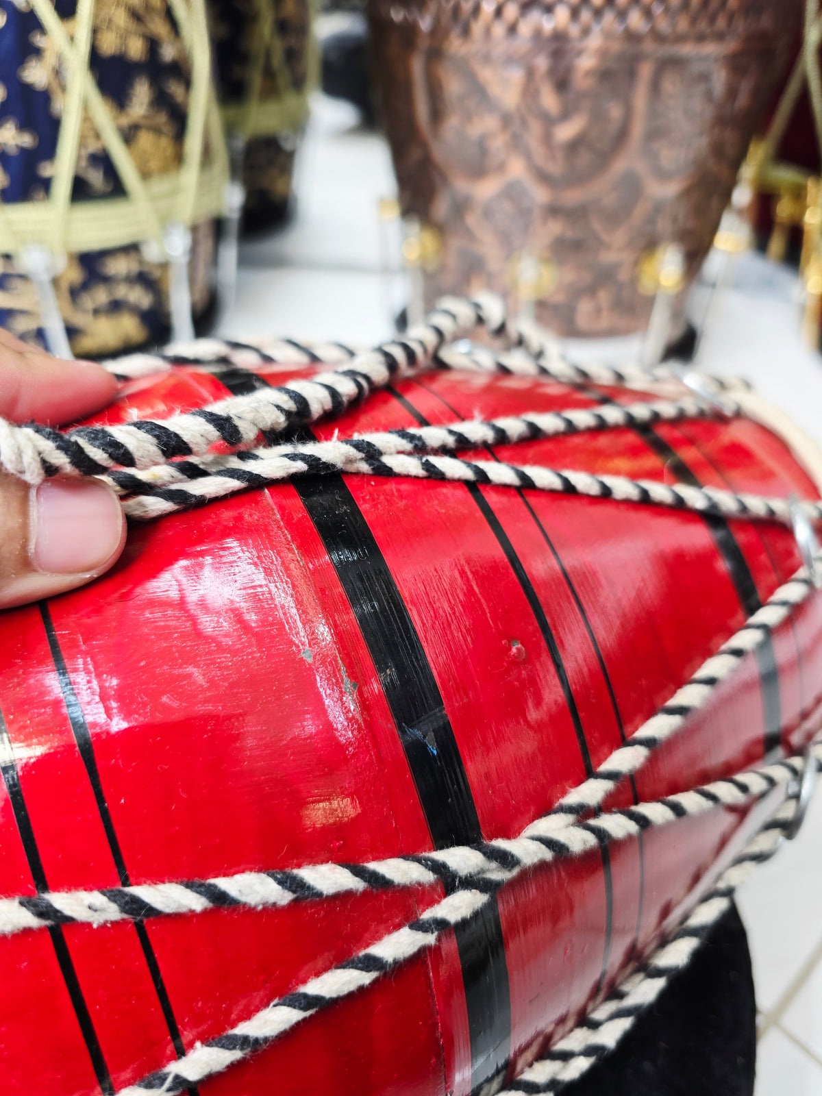 Red Toddler Dholak with Black Stripes (Cosmetic Blemishes)