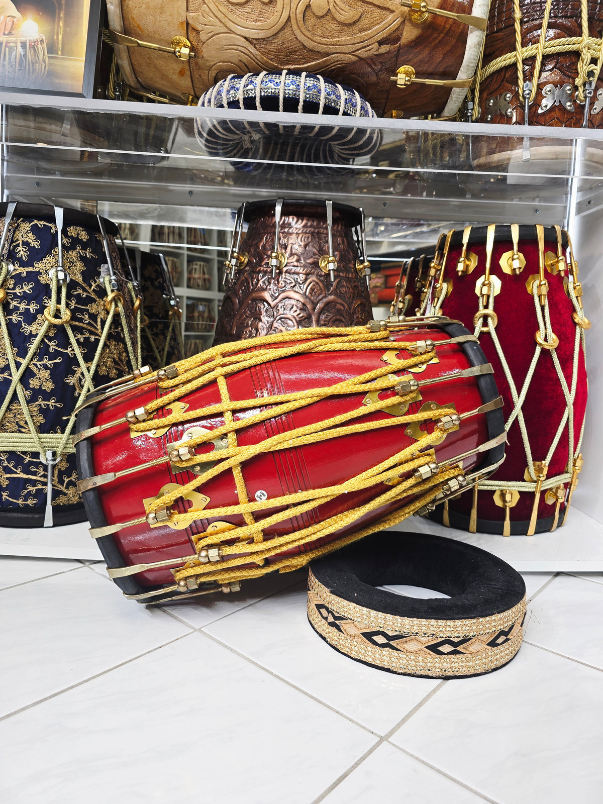 Kesari Naad™ — Double Bolted Pro Red Sheesham Dholak (Saffron Painted Finish) Minor Cosmetic Crack + Minor Chips in Brass Coated Bolt Finish *Exceptional Tone