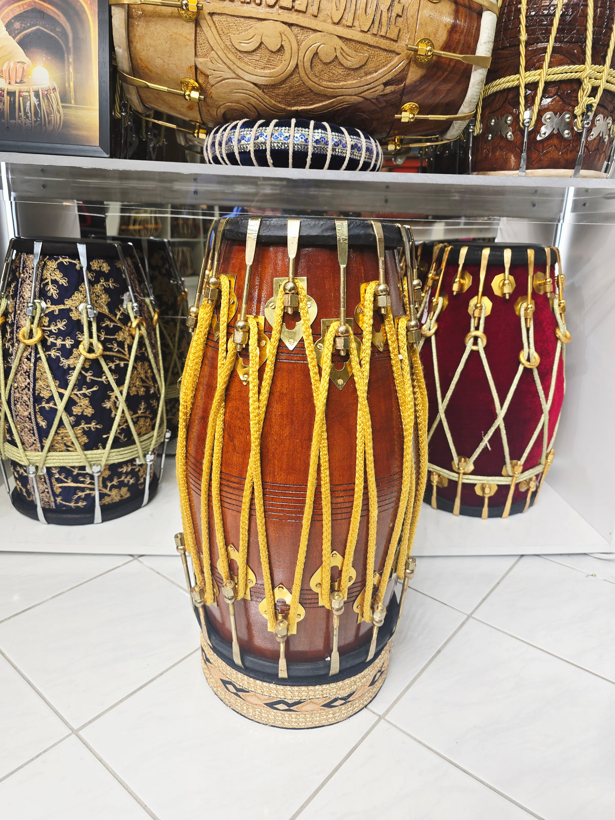 Swar Prithvi™ — Double Bolted Red Sheesham Dholak (Natural Wood Finish) Minor Cosmetic Blemishes Chipped Brass Bolt Coating