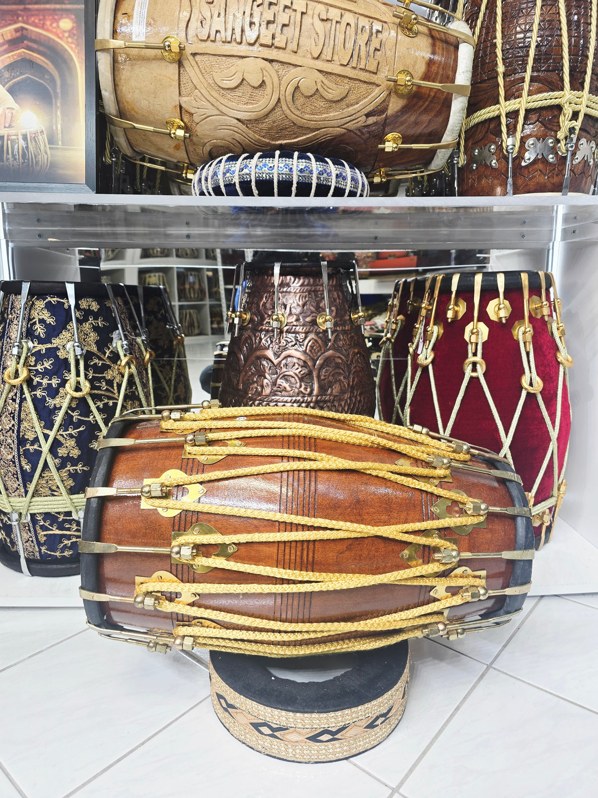 Swar Prithvi™ — Double Bolted Red Sheesham Dholak (Natural Wood Finish) Minor Cosmetic Blemishes Chipped Brass Bolt Coating