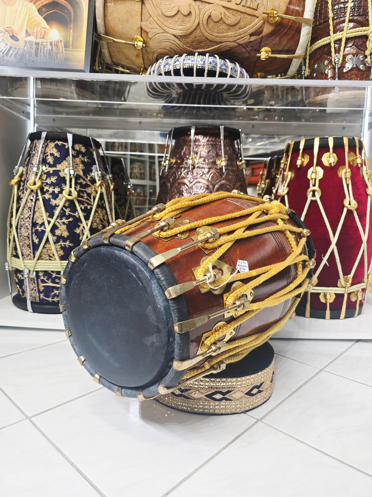 Swar Prithvi™ — Double Bolted Red Sheesham Dholak (Natural Wood Finish) Minor Cosmetic Blemishes Chipped Brass Bolt Coating