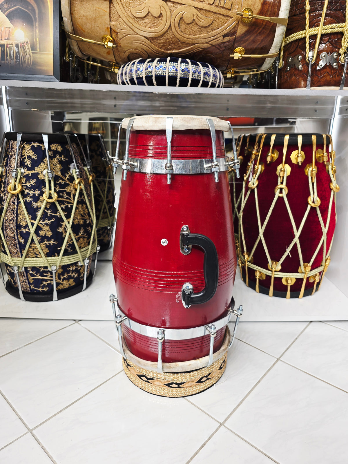AgniRaag™ — Pro Red Sheesham Single Chrome Bolted Dholak (Handled) *Minor Cosmetic Blemishes (Including Minor Cosmetic Crack)