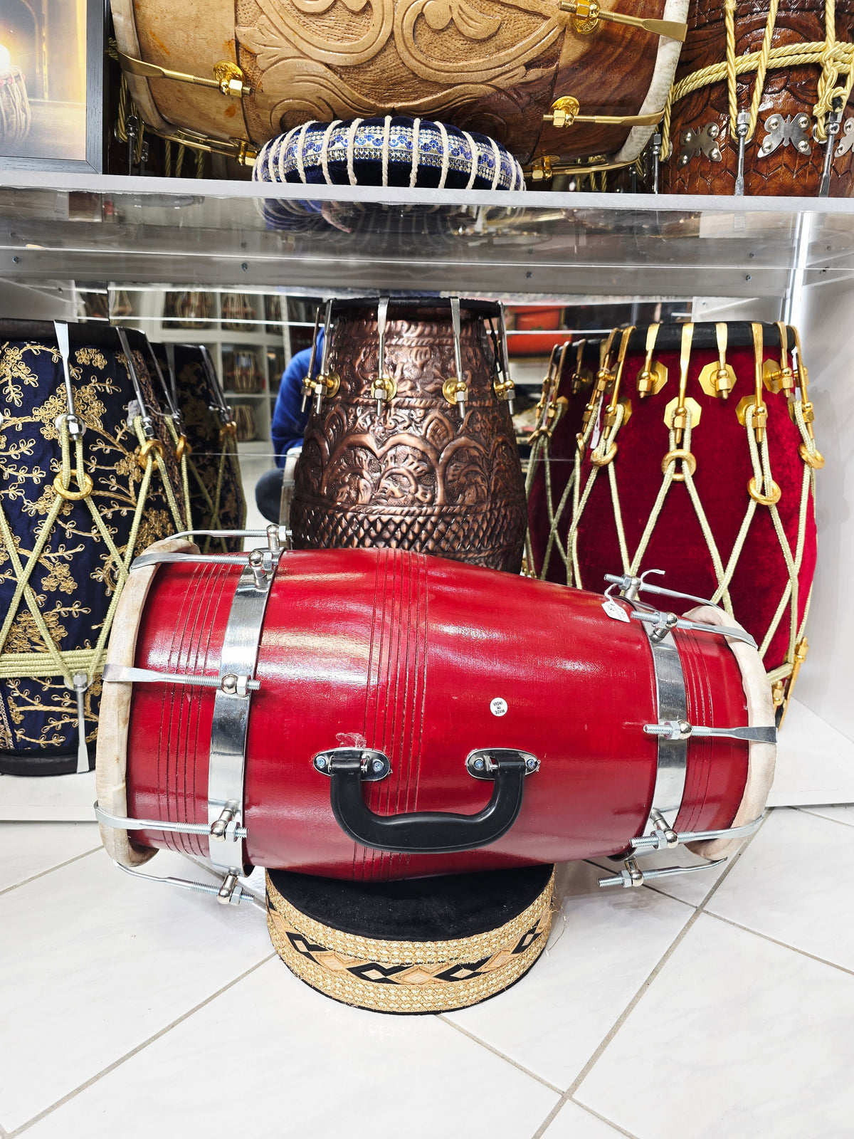 AgniRaag™ — Pro Red Sheesham Single Chrome Bolted Dholak (Handled) *Minor Cosmetic Blemishes (Including Minor Cosmetic Crack)