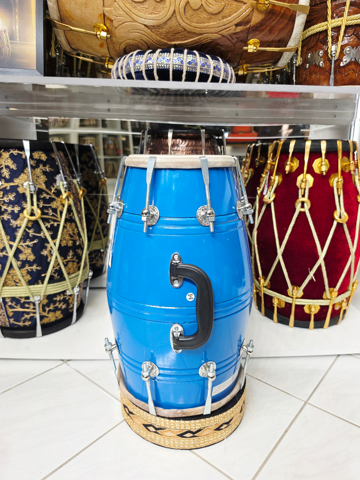 SurNeel Student Dholak (Blue Painted 9.6lbs Mango Wood, Very Minor Cosmetic Blemishes)