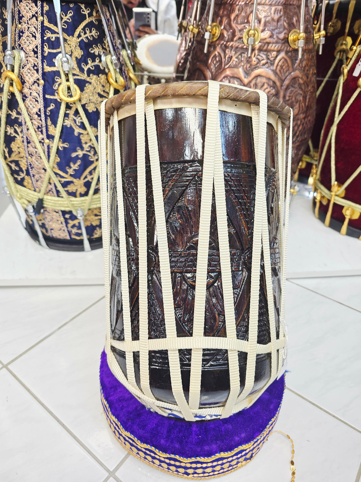 AkaarDhamra 8.25" Top x 15.25" Tall Engraved Red Sheesham Dhamma | Nylon Strapped