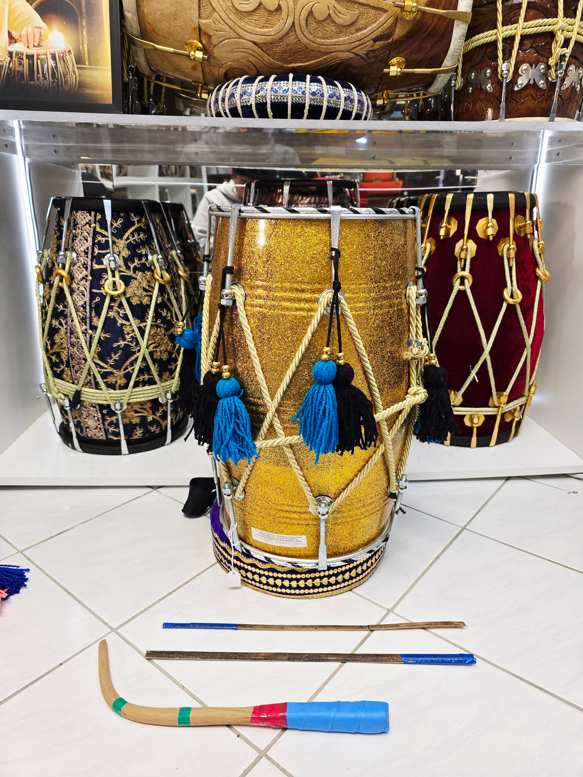 SunehriNaad 17.75" Gold Spark Fiberglass Punjabi Dhol 10" Skins