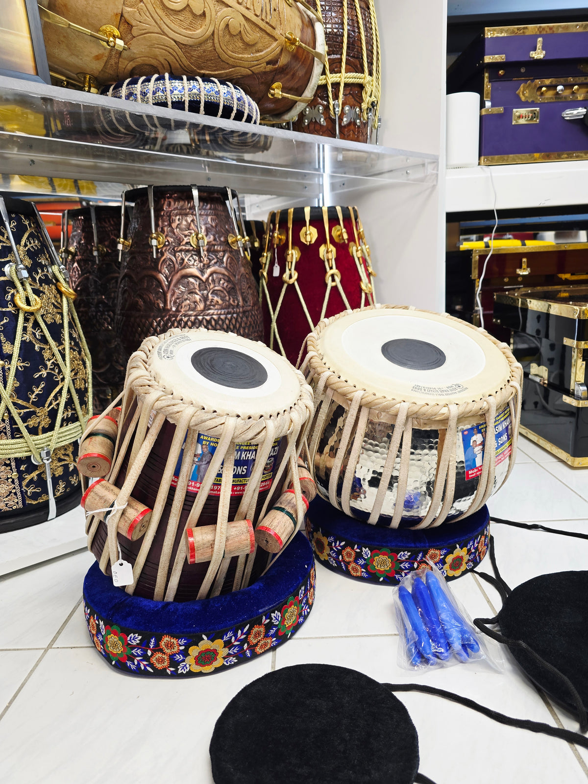 NaadVriksh: 6" C# Red Sheesham Qasim Khan Niyazi Dayan + 9.25" Silver Copper Qasim Bayan Tabla Set (Exceptional Tone, Minor Cosmetic Blemishes) **