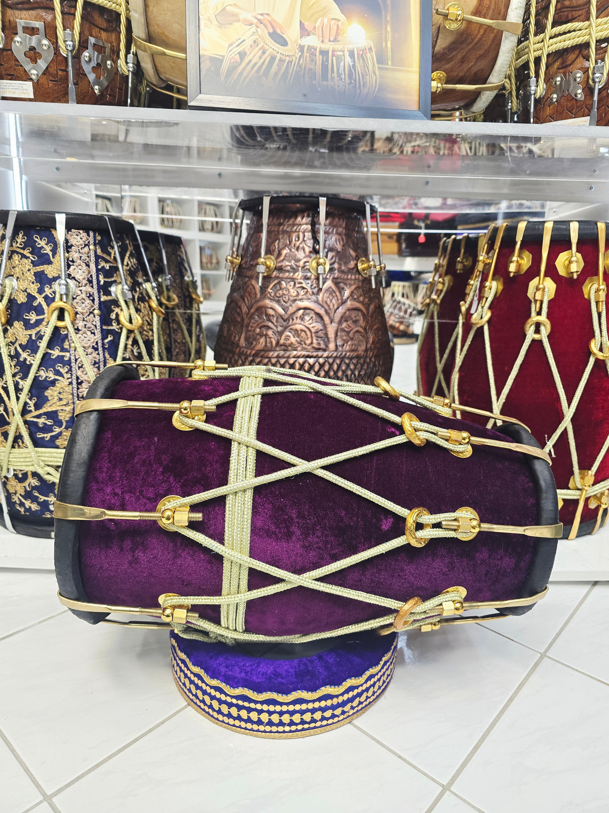 Purple Reign – Premium Purple Velvet Wrapped Red Sheesham Dholak *Minor Cosmetic Blemishes on Bass Skin