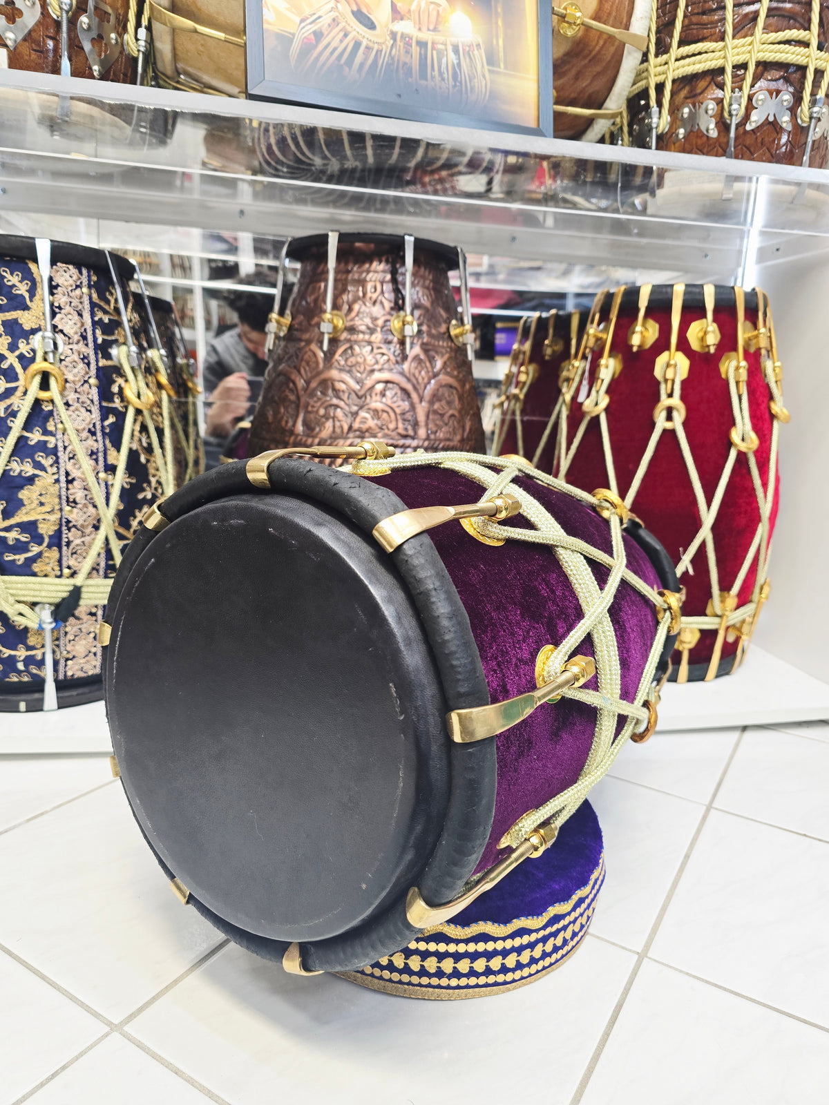 Purple Reign – Premium Purple Velvet Wrapped Red Sheesham Dholak *Minor Cosmetic Blemishes on Bass Skin