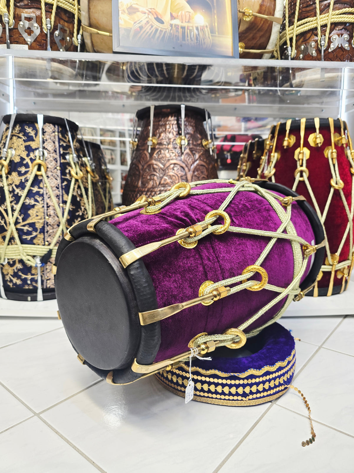 Purple Reign – Premium Purple Velvet Wrapped Red Sheesham Dholak *Minor Cosmetic Blemishes on Bass Skin