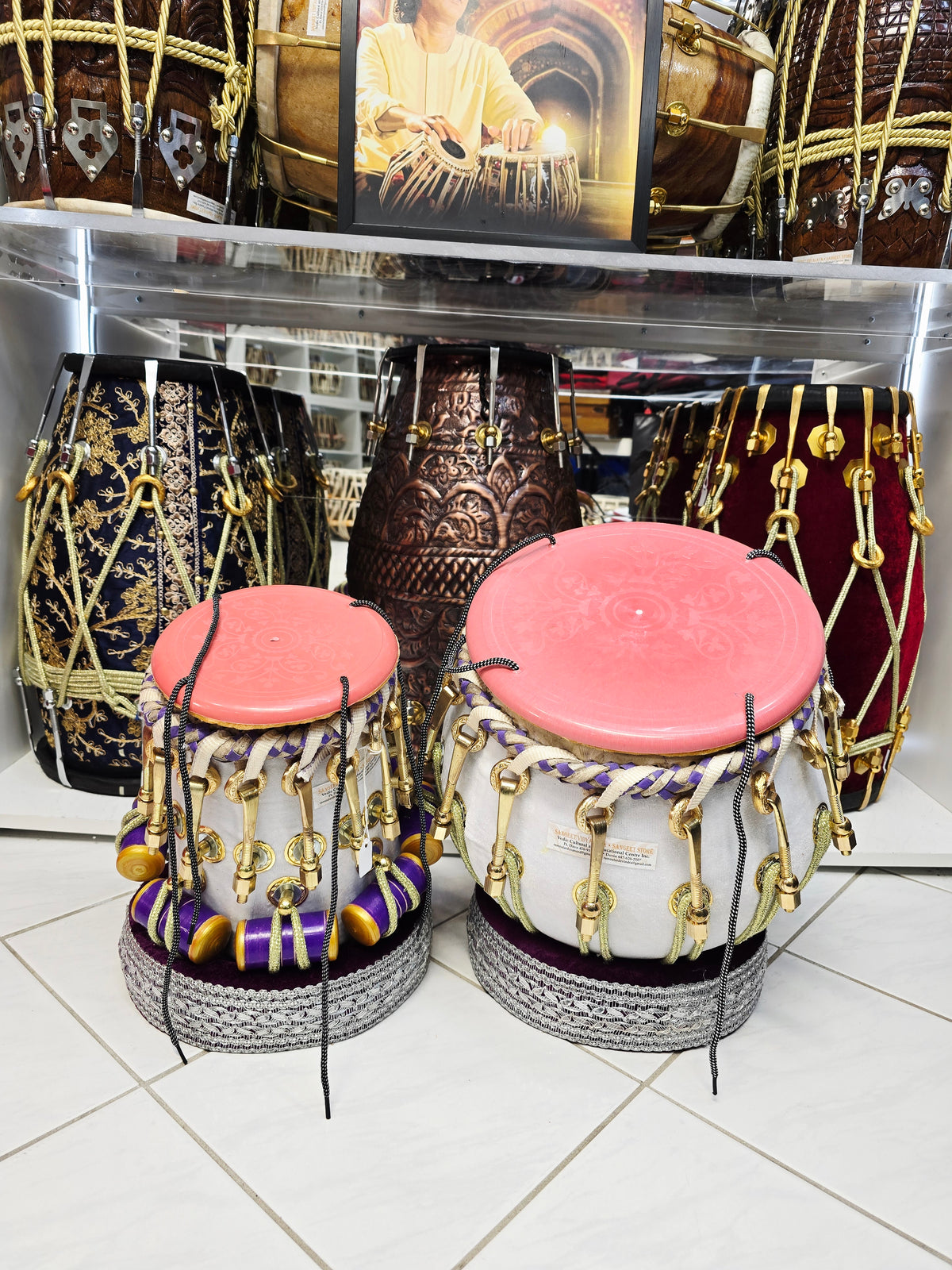 Amethyst Ivory Bolted White Velvet Tabla Set – 5.75" C#/D Red Sheesham Dayan & 9.25" Copper Bayan | with Purple Weaving *Very Minor Cosmetic Blemishes