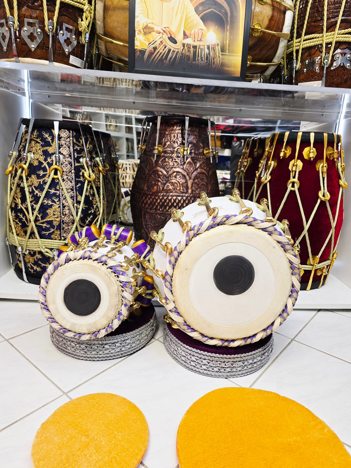 Amethyst Ivory Bolted White Velvet Tabla Set – 5.75" C#/D Red Sheesham Dayan & 9.25" Copper Bayan | with Purple Weaving *Very Minor Cosmetic Blemishes
