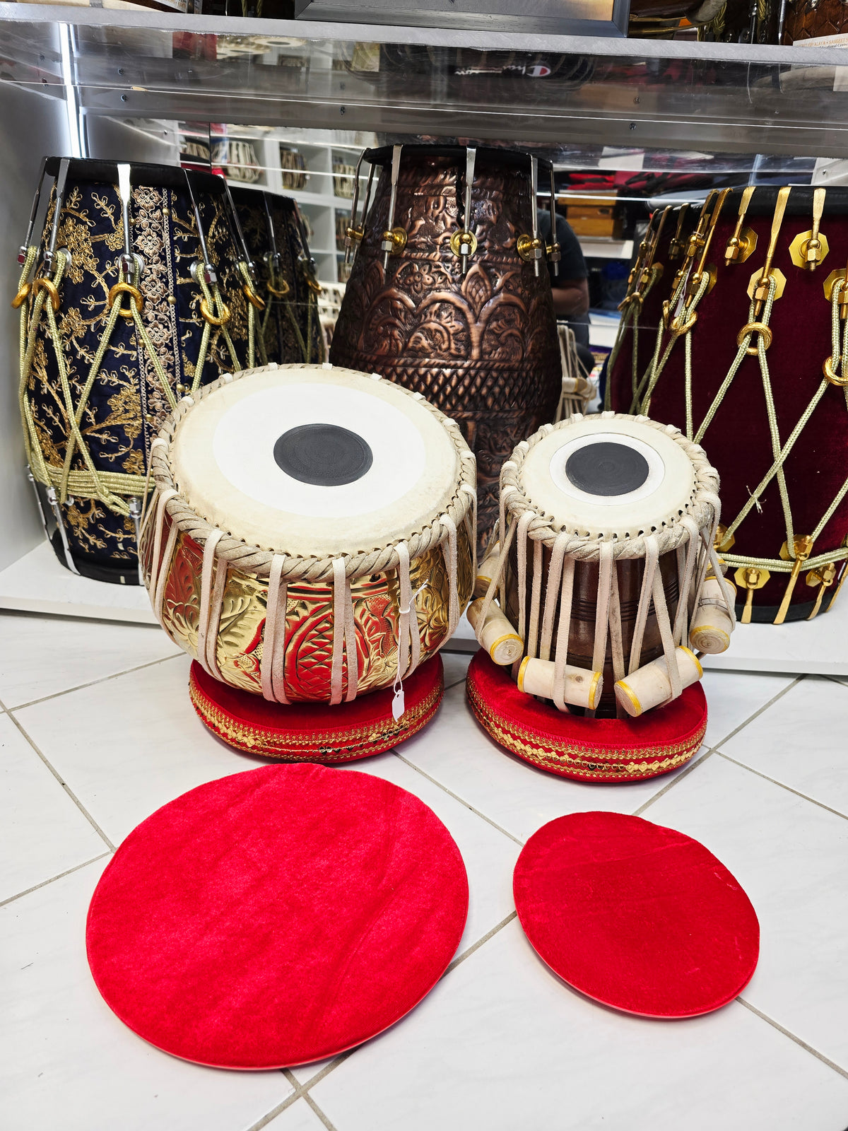 Rajgharana Tabla Set – 5⅜" E Red Sheesham Dayan + 9.25" Engraved Brass Bayan – Economy Professional Series *Very Minor Cosmetic Blemishes