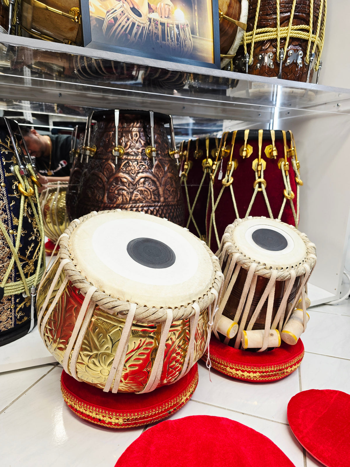 Rajgharana Tabla Set – 5⅜" E Red Sheesham Dayan + 9.25" Engraved Brass Bayan – Economy Professional Series *Very Minor Cosmetic Blemishes