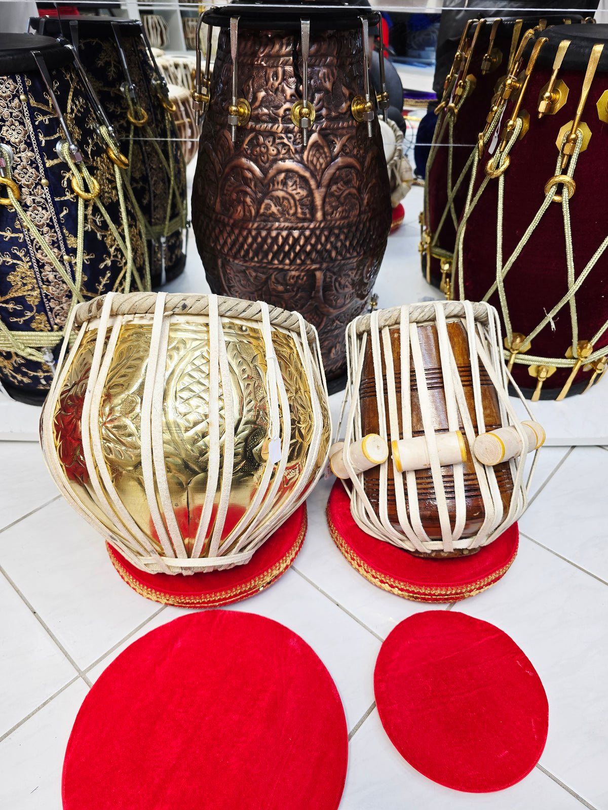 Rajgharana Tabla Set – 5⅜" E Red Sheesham Dayan + 9.25" Engraved Brass Bayan – Economy Professional Series *Very Minor Cosmetic Blemishes