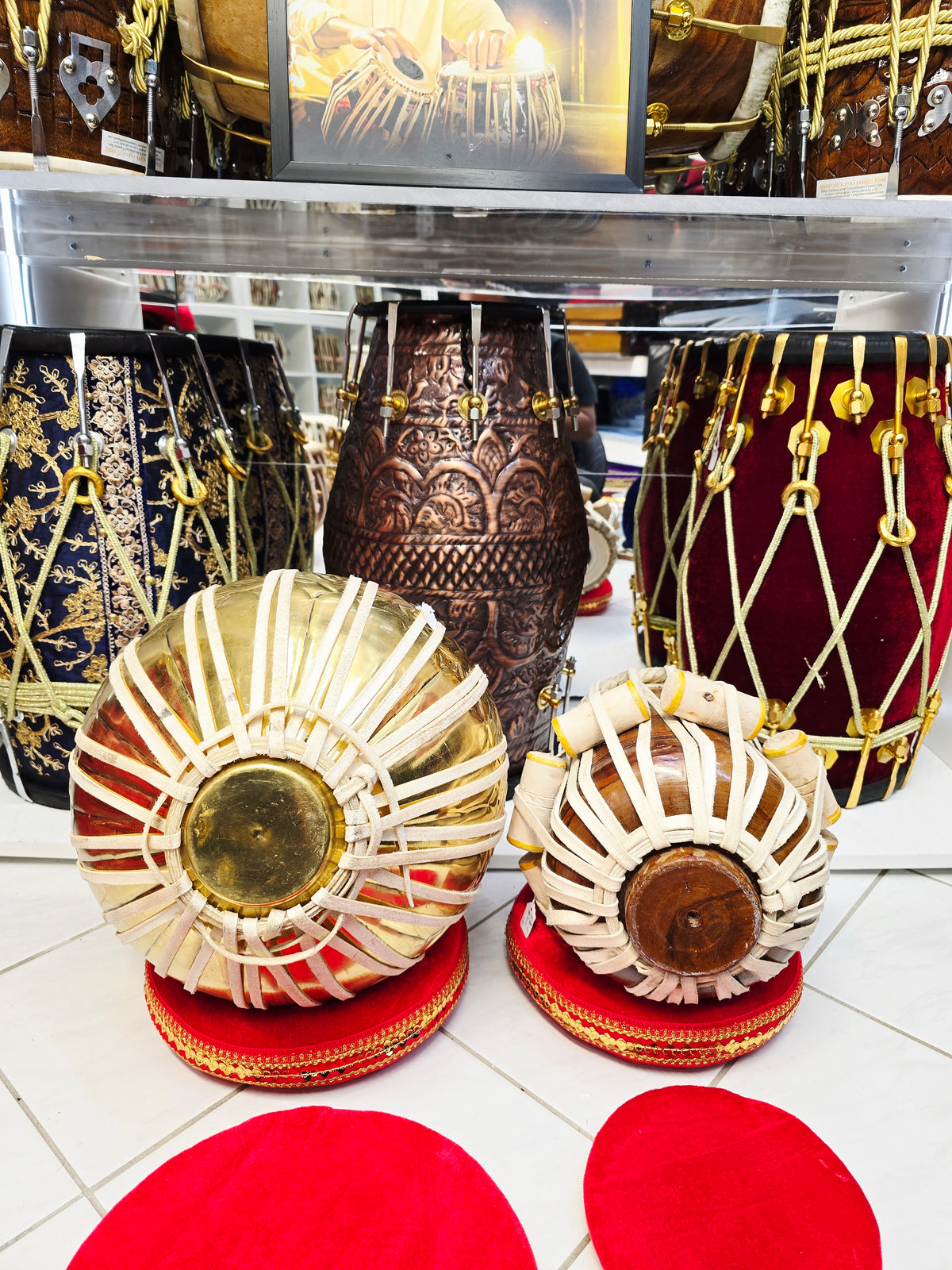 Rajgharana Tabla Set – 5⅜" E Red Sheesham Dayan + 9.25" Engraved Brass Bayan – Economy Professional Series *Very Minor Cosmetic Blemishes