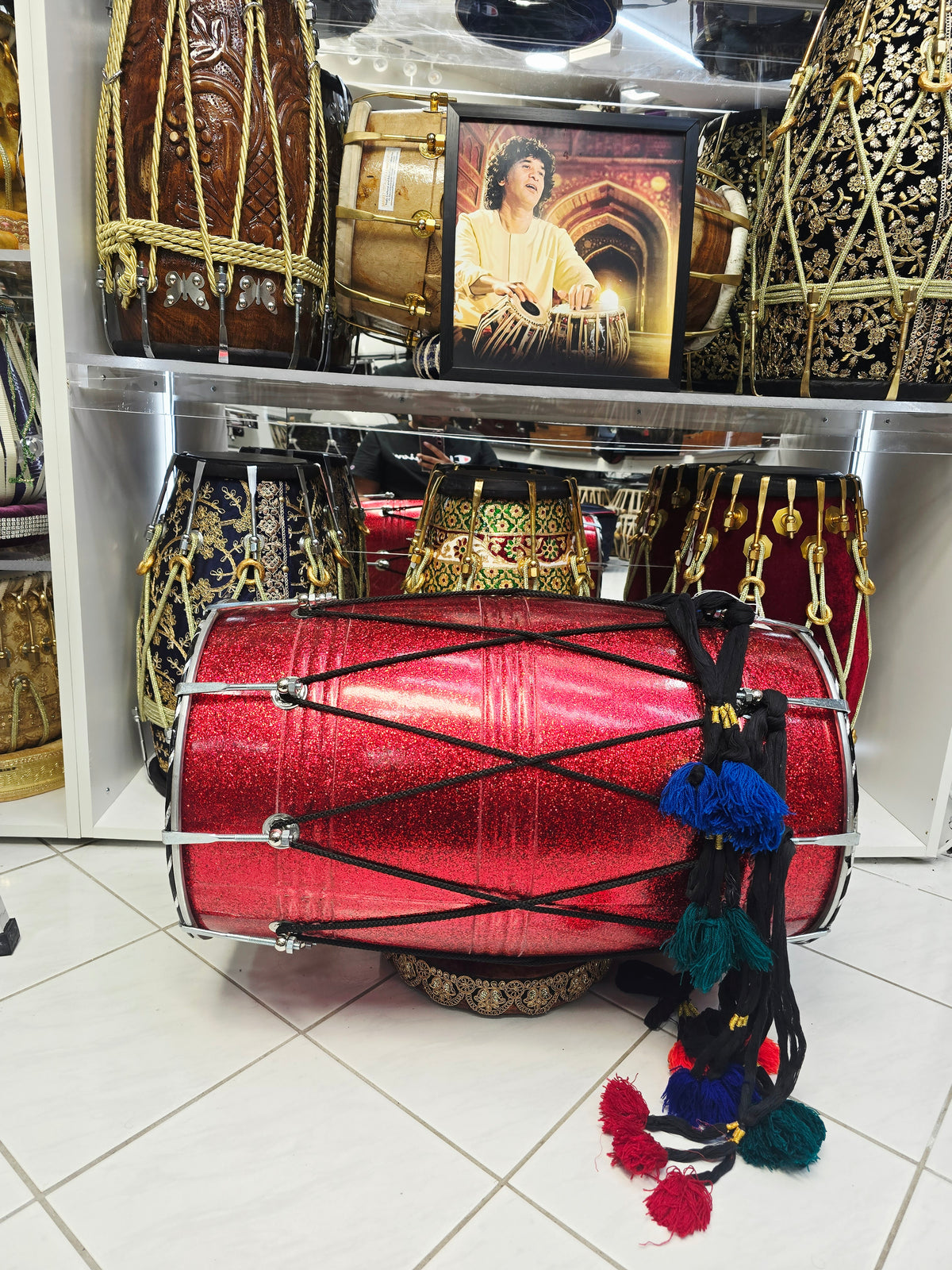 Crimson Stardust 23.75" Fiberglass Punjabi Dhol with Composite Plastic Skins on Both Sides *Very Minor Cosmetic Blemishes