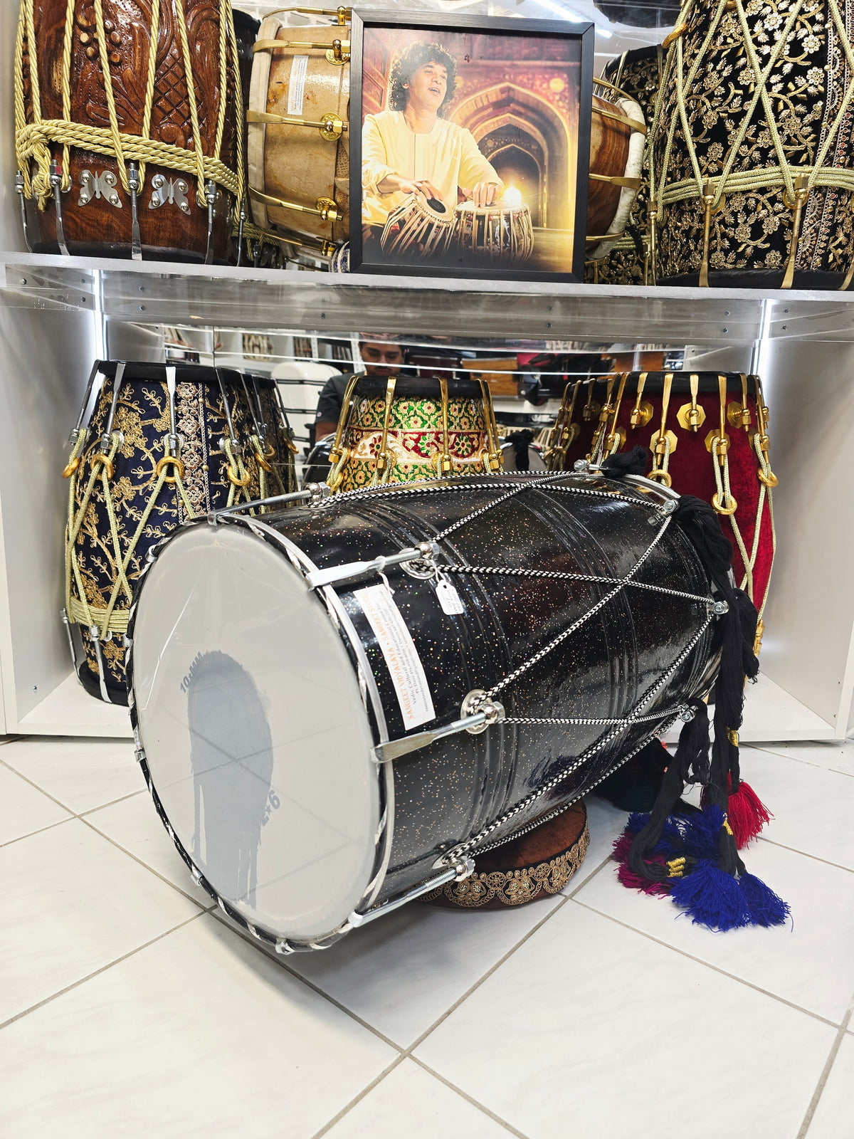 Midnight Nebula Punjabi Dhol | Sparkly Black Fiberglass Shell | Composite Plastic Skins on Both Sides | Minor Cosmetic Blemishes