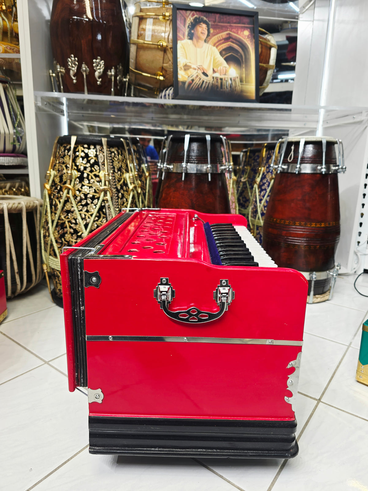 Crimson Melody: Compact Red 32 Key Semi-Pro Boxed Harmonium (with Minor Cosmetic Imperfections) with Coupler (Without Stoppers)