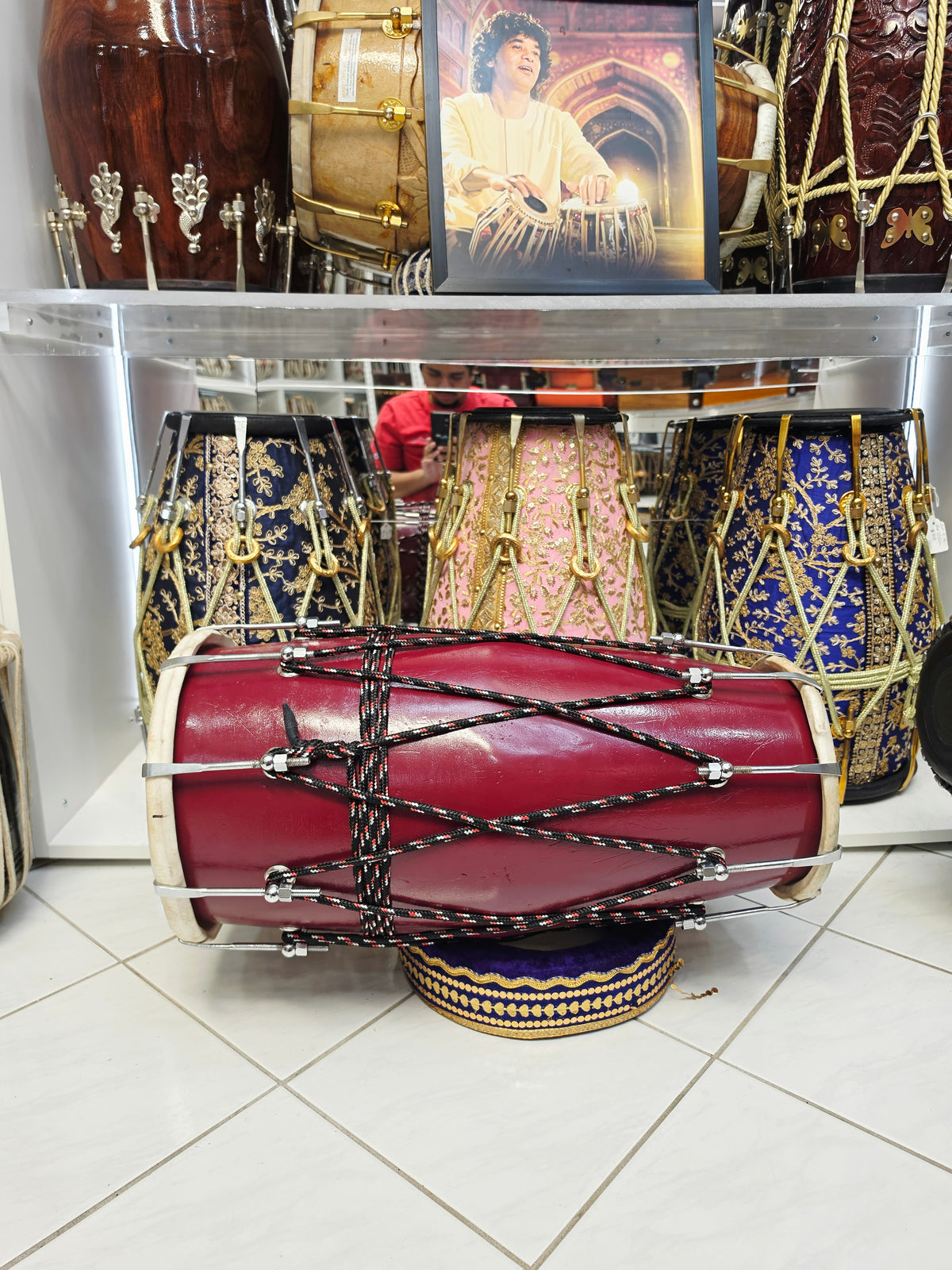 Rangmahal Royale | Burgundy Painted 13.8lbs 22" Refurbished West Indian Bolted Dholak *Minor Cosmetic Blemishes