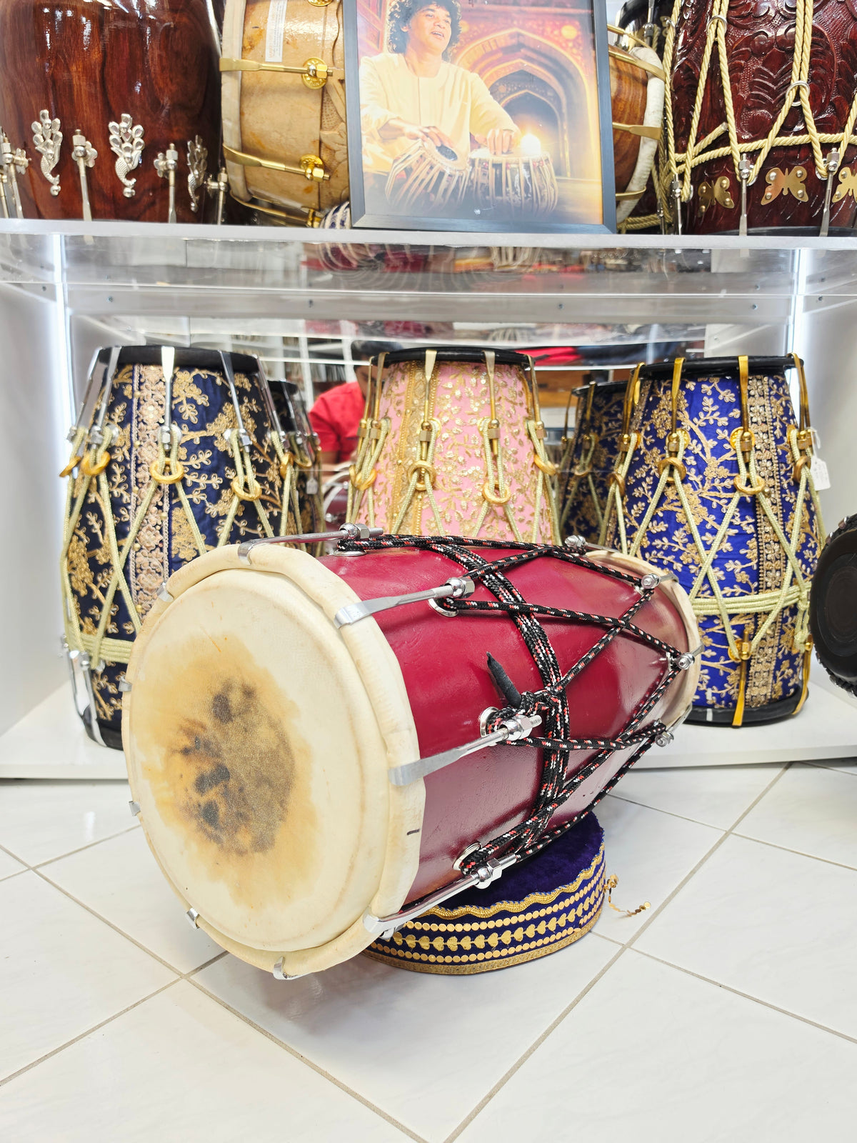 Rangmahal Royale | Burgundy Painted 13.8lbs 22" Refurbished West Indian Bolted Dholak *Minor Cosmetic Blemishes