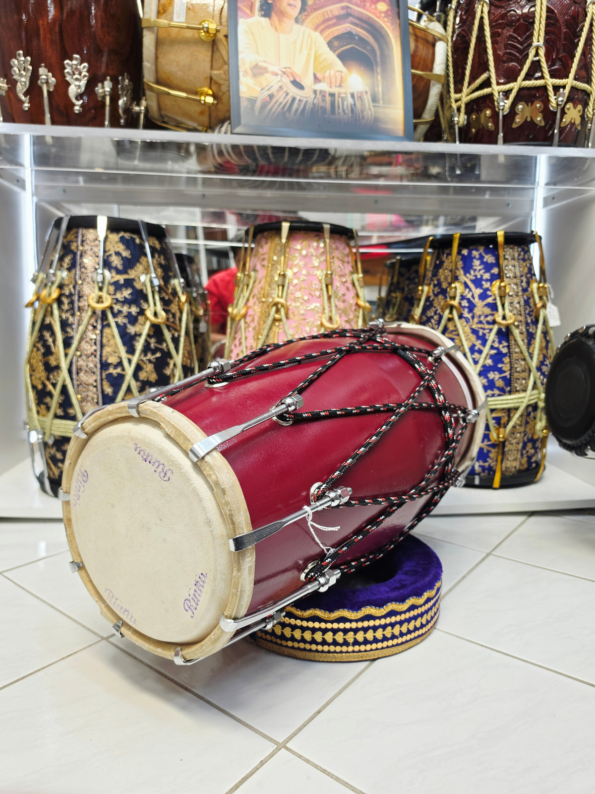 Rangmahal Royale | Burgundy Painted 13.8lbs 22" Refurbished West Indian Bolted Dholak *Minor Cosmetic Blemishes