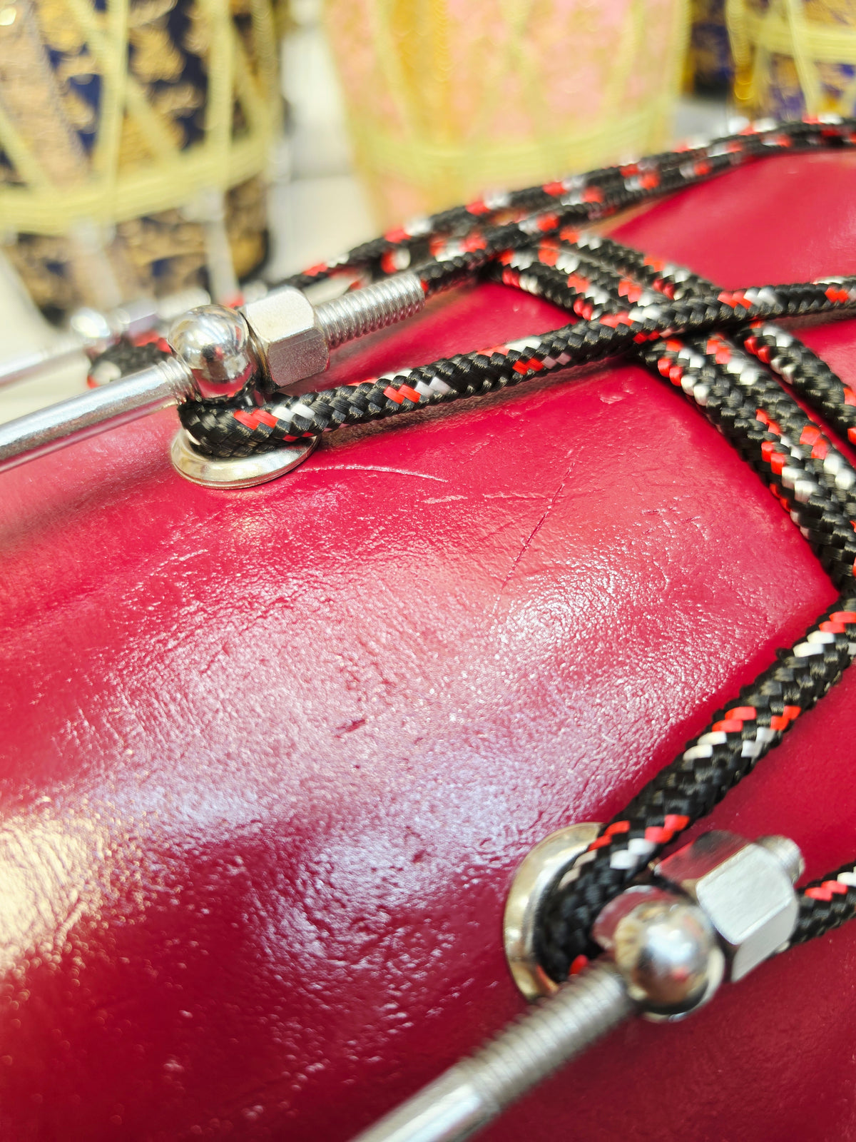 Rangmahal Royale | Burgundy Painted 13.8lbs 22" Refurbished West Indian Bolted Dholak *Minor Cosmetic Blemishes