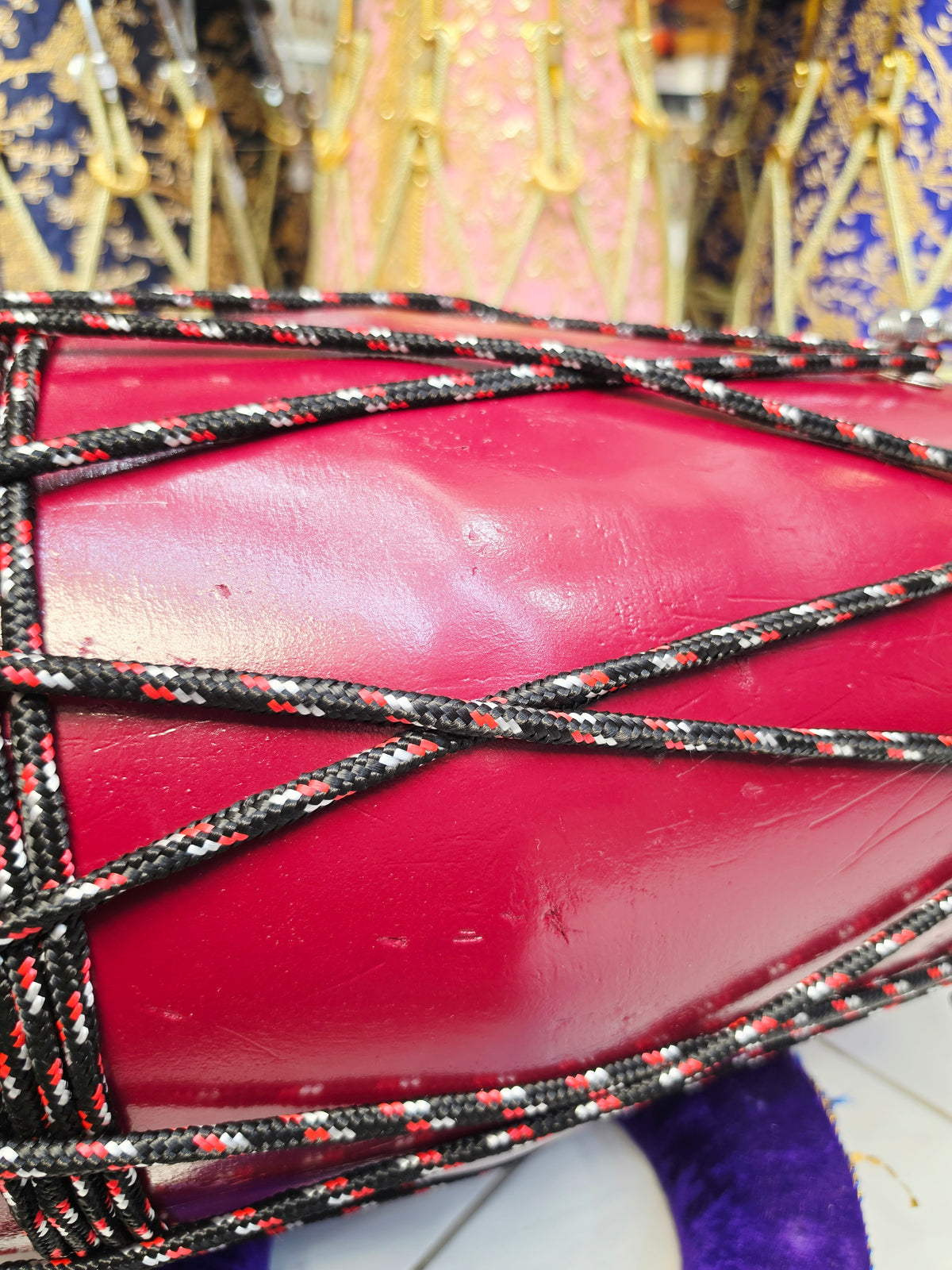Rangmahal Royale | Burgundy Painted 13.8lbs 22" Refurbished West Indian Bolted Dholak *Minor Cosmetic Blemishes