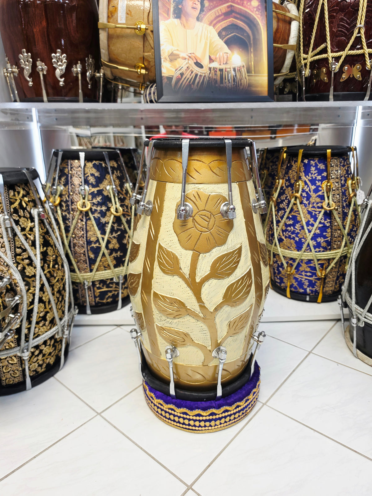 Gulzar Royale | Gold & Cream Floral Painted 15.8 Red Sheesham Dholak with Black Skins & Chrome Bolts *Minor Cosmetic Blemishes + Exceptional Tone