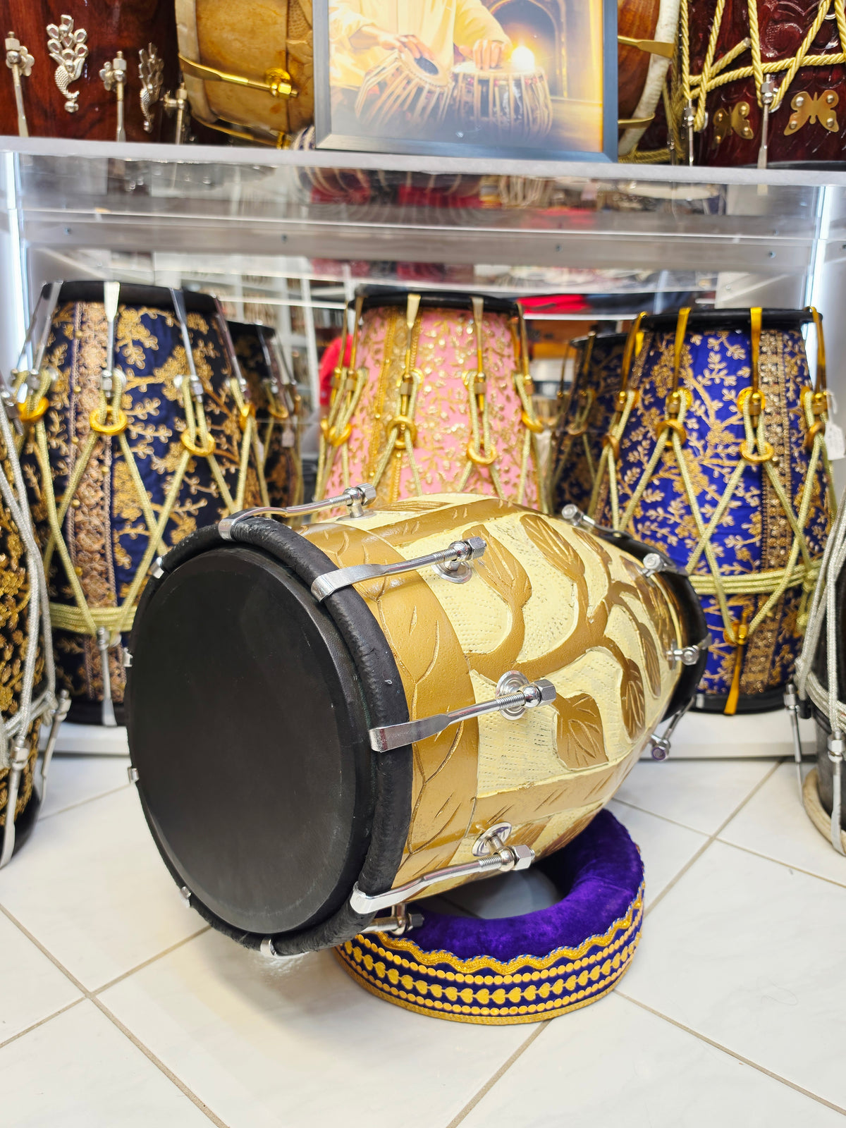 Gulzar Royale | Gold & Cream Floral Painted 15.8 Red Sheesham Dholak with Black Skins & Chrome Bolts *Minor Cosmetic Blemishes + Exceptional Tone