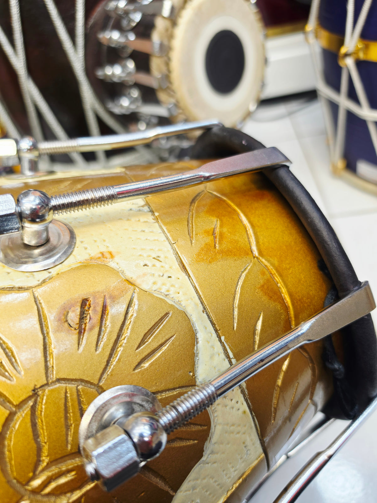 Gulzar Royale | Gold & Cream Floral Painted 15.8 Red Sheesham Dholak with Black Skins & Chrome Bolts *Minor Cosmetic Blemishes + Exceptional Tone