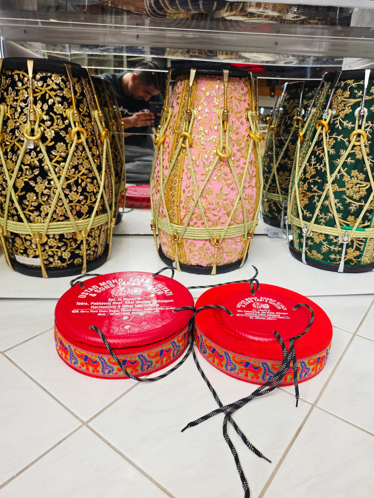 Rangoli Royale | Premium Red Velvet Tabla Rings Set with Multicolor Woven Trim