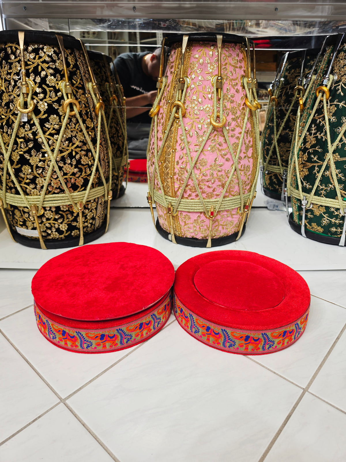Rangoli Royale | Premium Red Velvet Tabla Rings Set with Multicolor Woven Trim