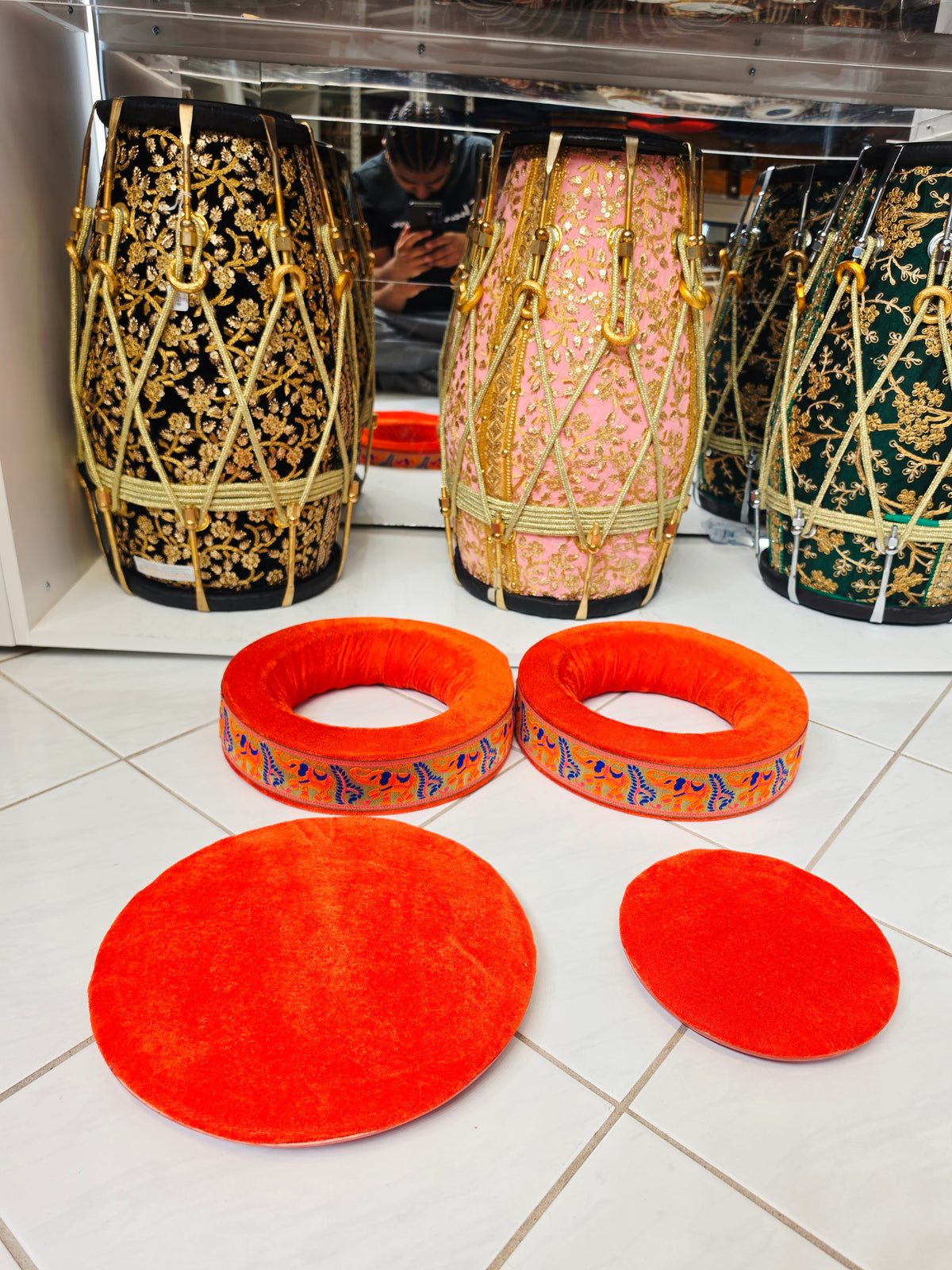 Rangoli Royale | Premium Red Velvet Tabla Rings Set with Multicolor Woven Trim